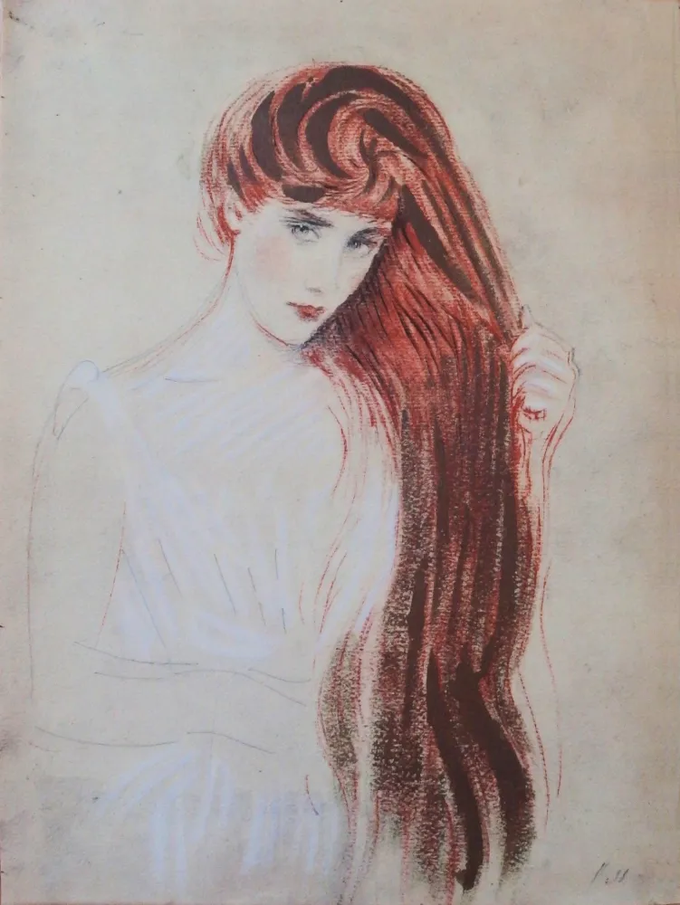 Lithografie Helleu - Femme rousse (la chevelure dorée)
