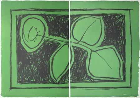Lithografie Hernandez Pijuan - Flor sobre verd / Flower on Green