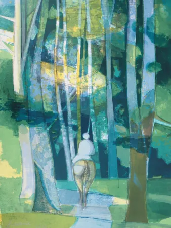 Lithografie Hilaire - Cavalier entrant dans la forêt