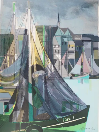 Lithografie Hilaire - Normandie, Voiliers à Honfleur
