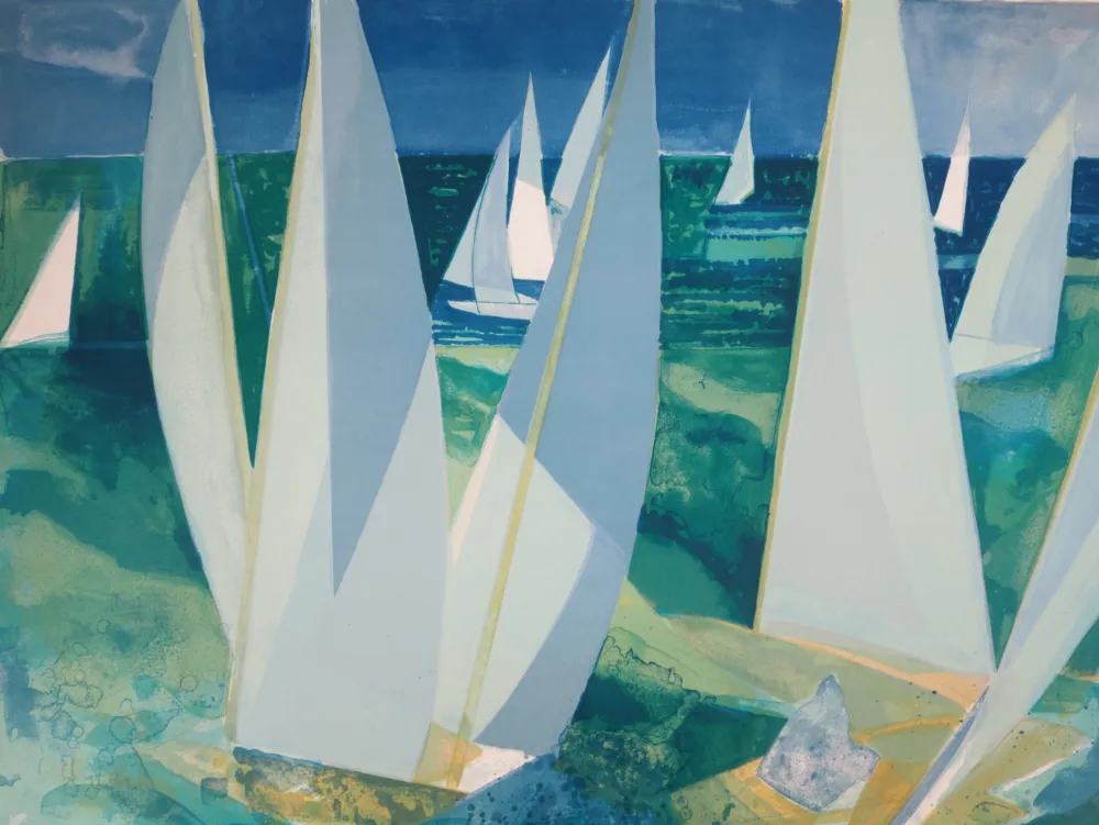 Lithografie Hilaire - Normandie, Voiliers de plaisance