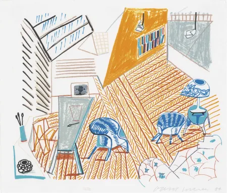 Lithografie Hockney - Pembroke Studio with Blue Chairs and Lamp from The Moving Focus Series