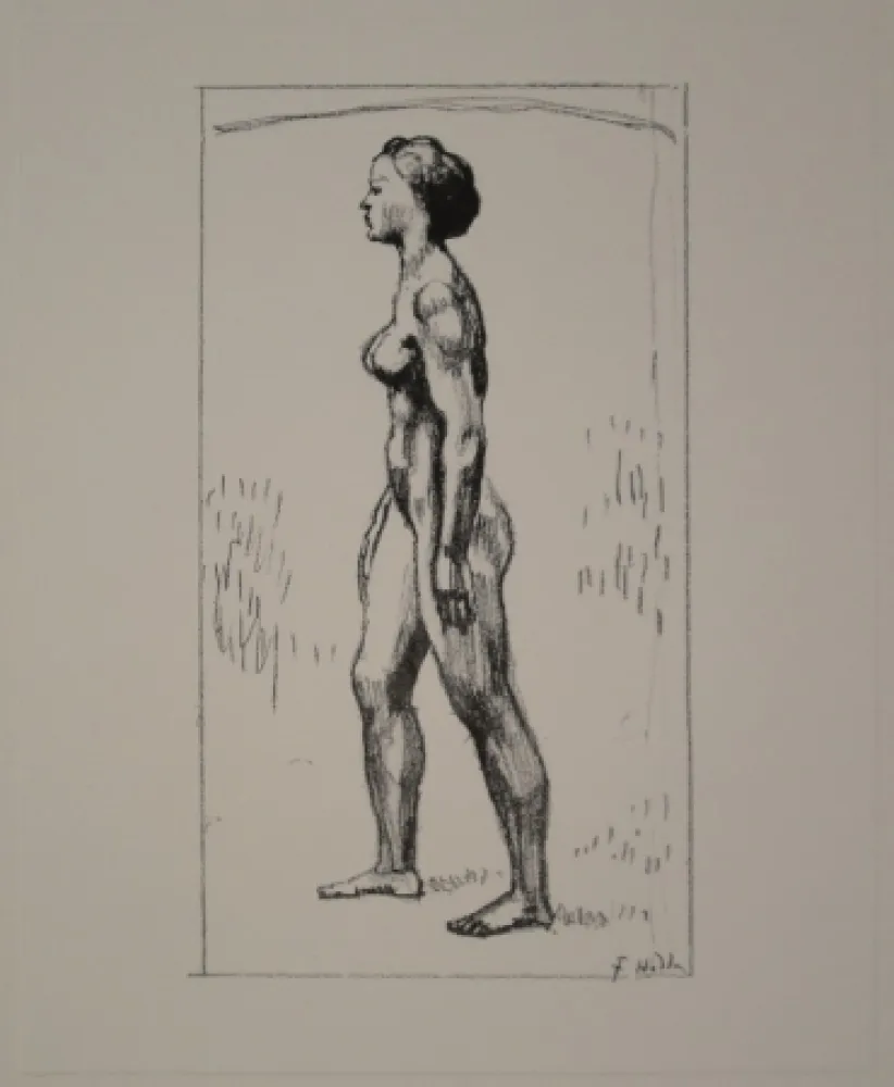 Lithografie Hodler - Nacktes Mädchen, nach links schreitend 