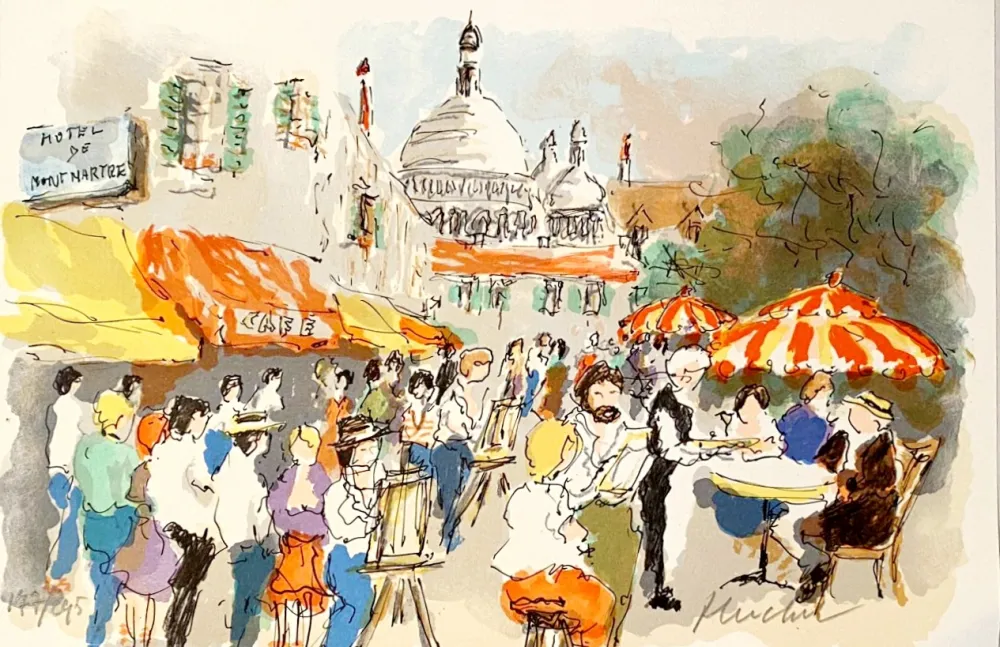 Lithografie Huchet - Montmartre: Place du Tertre et Sacré-Cœur,