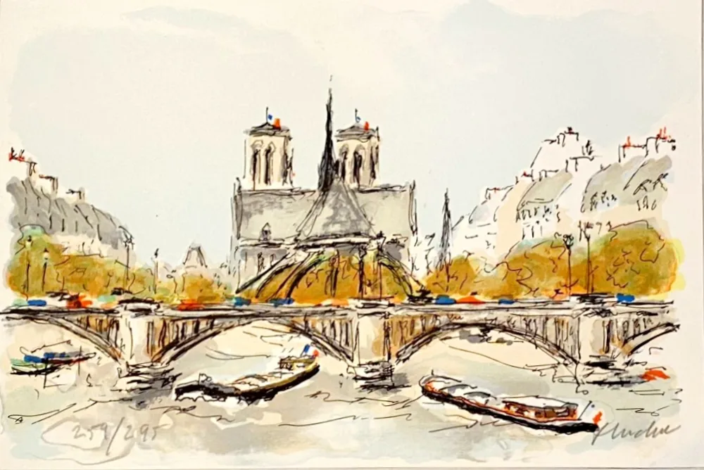 Lithografie Huchet - Seine et Notre-Dame de Paris