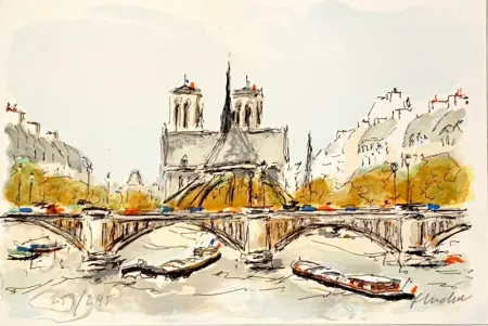Lithografie Huchet - Seine et Notre-Dame de Paris