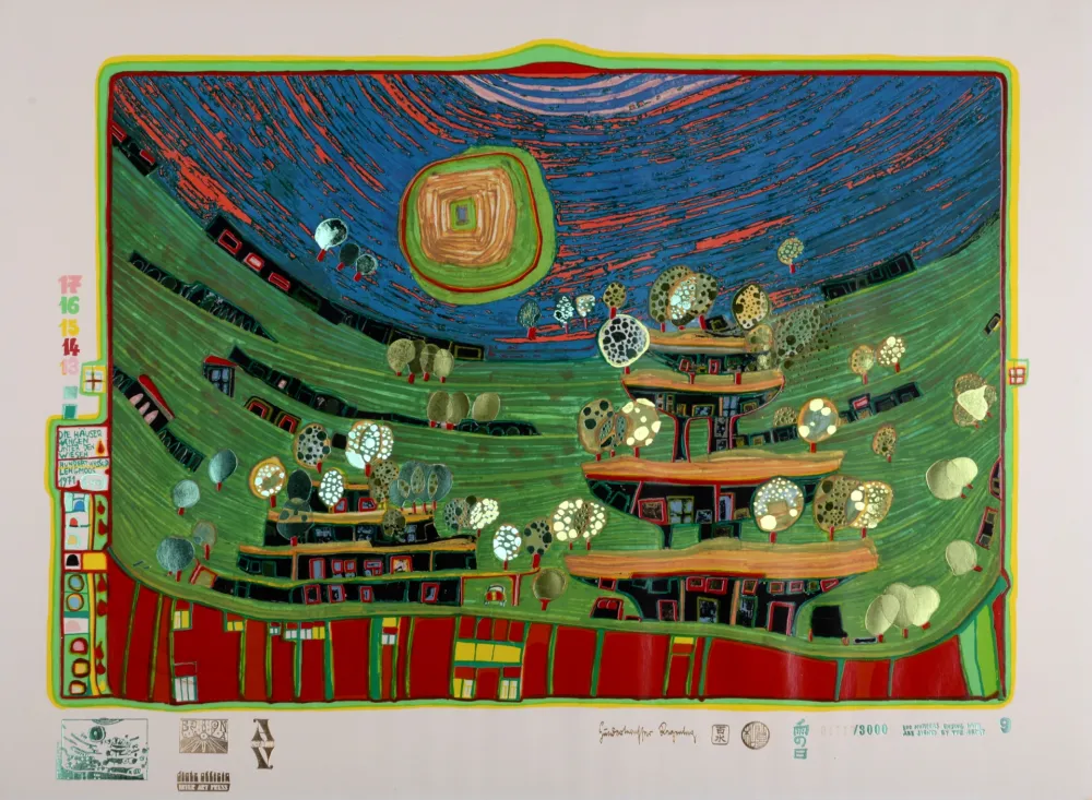 Zeefdruk Hundertwasser - Die Häuser hängen unter den wiesen, Plate 9