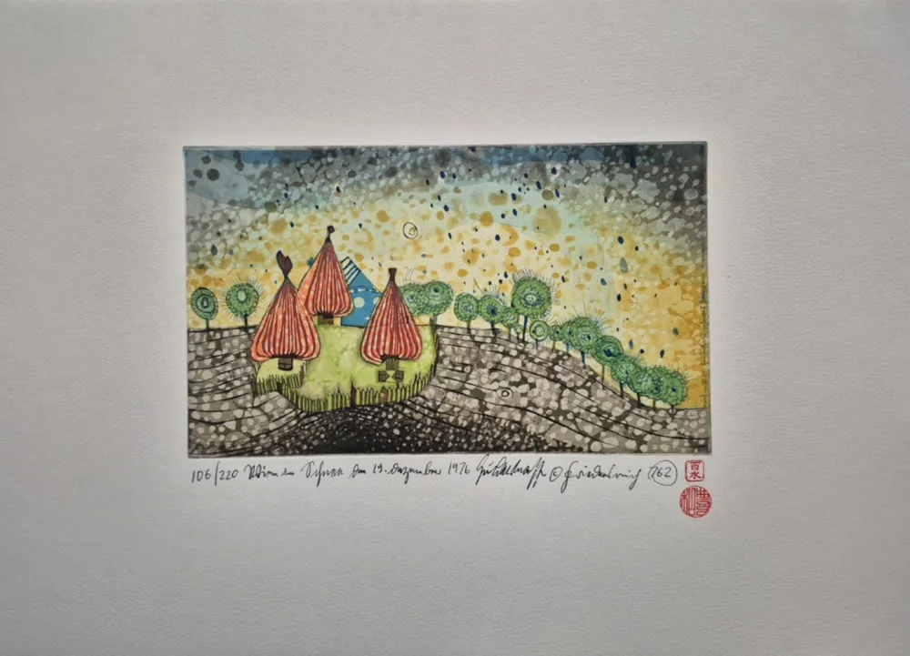 Ets En Aquatint Hundertwasser - Hide Under the Meadow It Begins to Rain