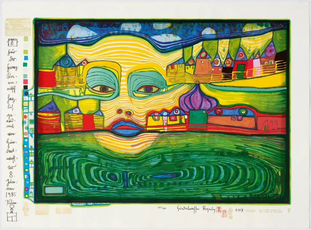 Zeefdruk Hundertwasser - Irinaland über dem Balkan