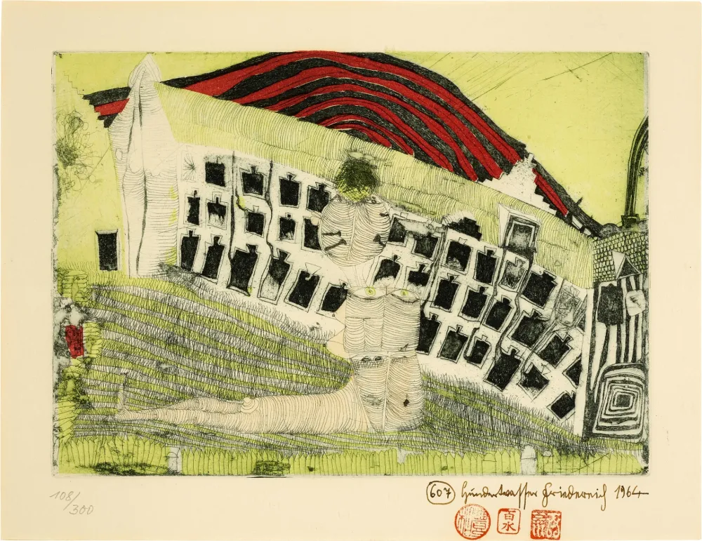 Lithografie Hundertwasser - Mädchenfund im Gras (Girl found in the Grass)