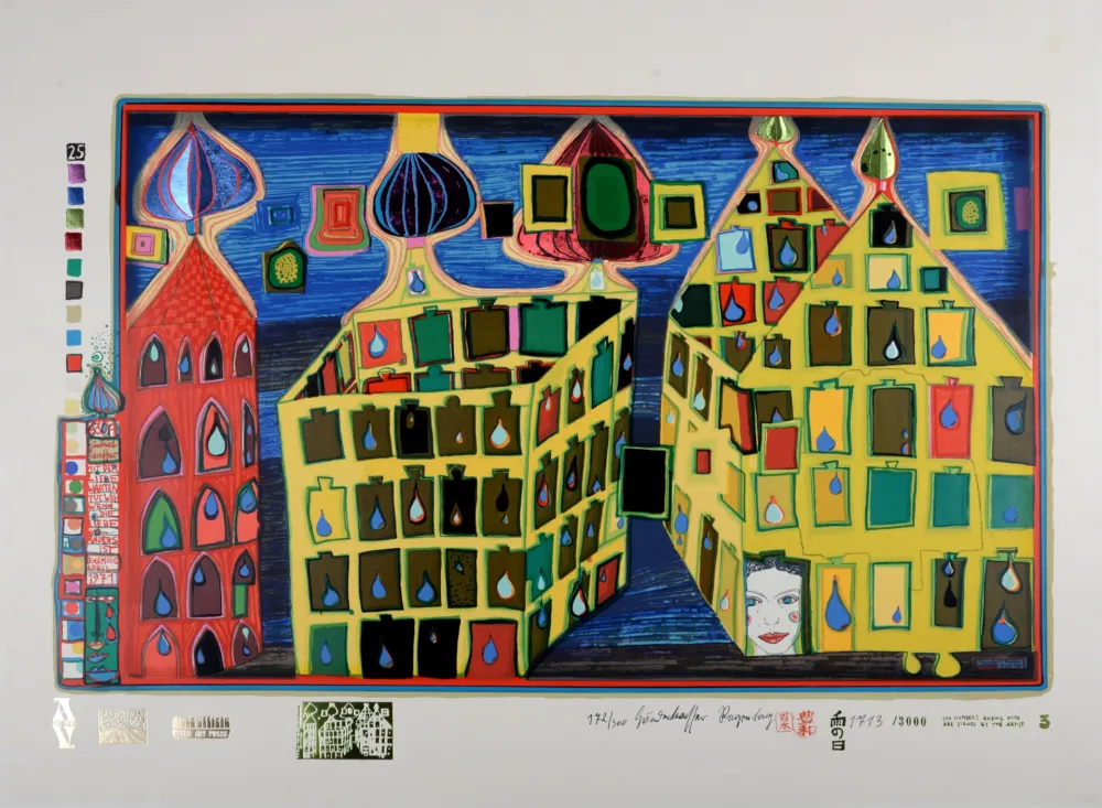 Zeefdruk Hundertwasser - Mit der Liebe warten tut weh, wenn die Liebe woanders ist, Plate 3, 1970-72