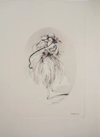Gravure Icart - Jeune femme au chapeau paré de roses