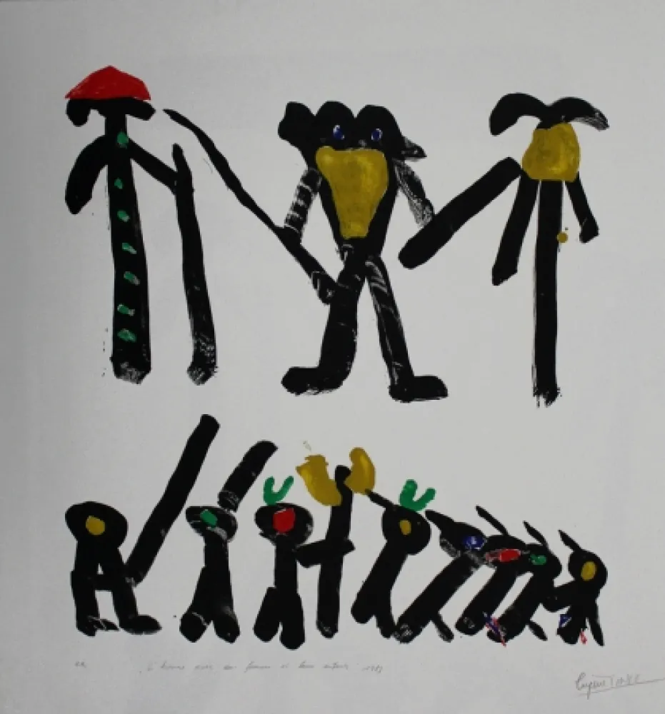 Lithografie Ionesco - L'homme avec deux femmes et leurs enfants