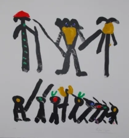 Lithografie Ionesco - L'homme avec deux femmes et leurs enfants