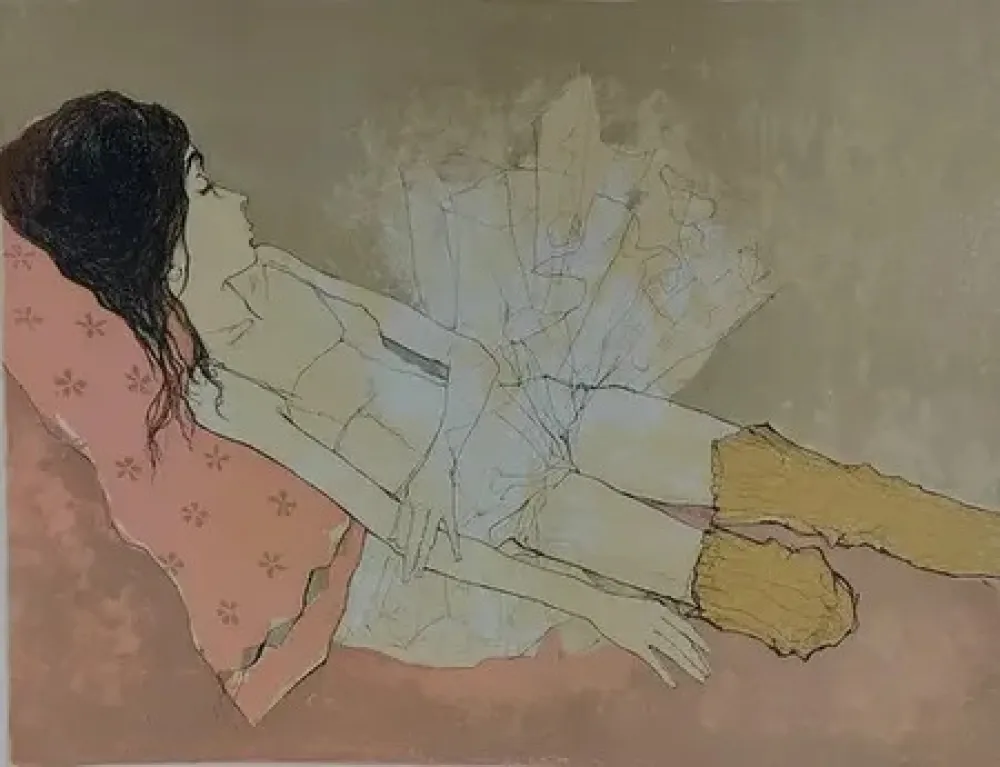 Lithografie Jansem - Ophelie au coussin rose (1993)