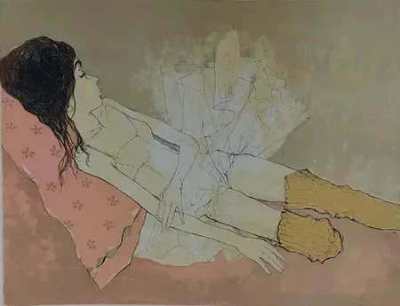 Lithografie Jansem - Ophelie au coussin rose (1993)