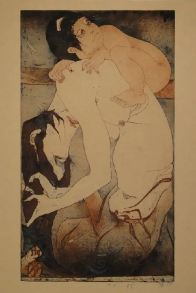 Ets En Aquatint Janssen - Die Bergfrau Yamauba und das Riesenkind Kintaro