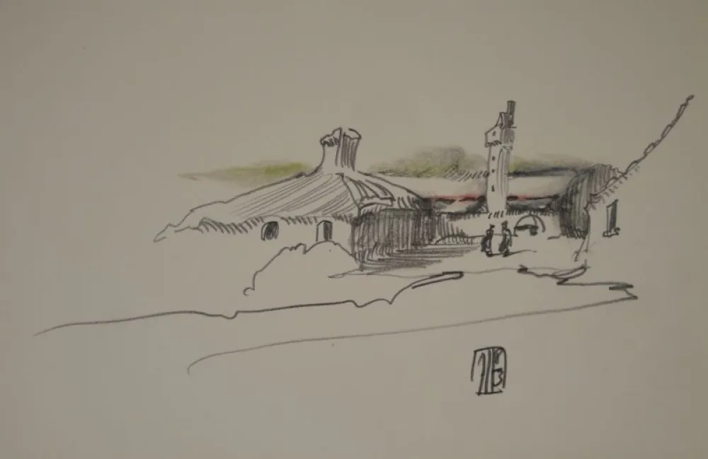 Geen Techniek Janssen - (Nordische Landschaft mit Gebäuden, Turm und zwei Personen)