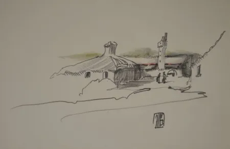 Geen Techniek Janssen - (Nordische Landschaft mit Gebäuden, Turm und zwei Personen)