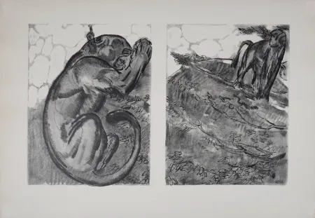 Lithografie Jouve - Panthère et Singe