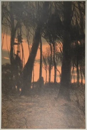 Lithografie Kampmann - Abendröthe (Bäume im Abendrot)