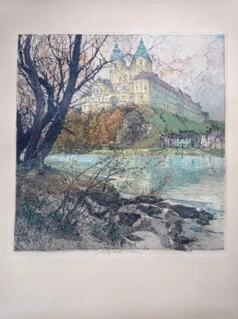 Ets En Aquatint Kasimir - Luigi Kasimir, View from Vienna - Melk Abbey - Handcoloured Etching, 1920s