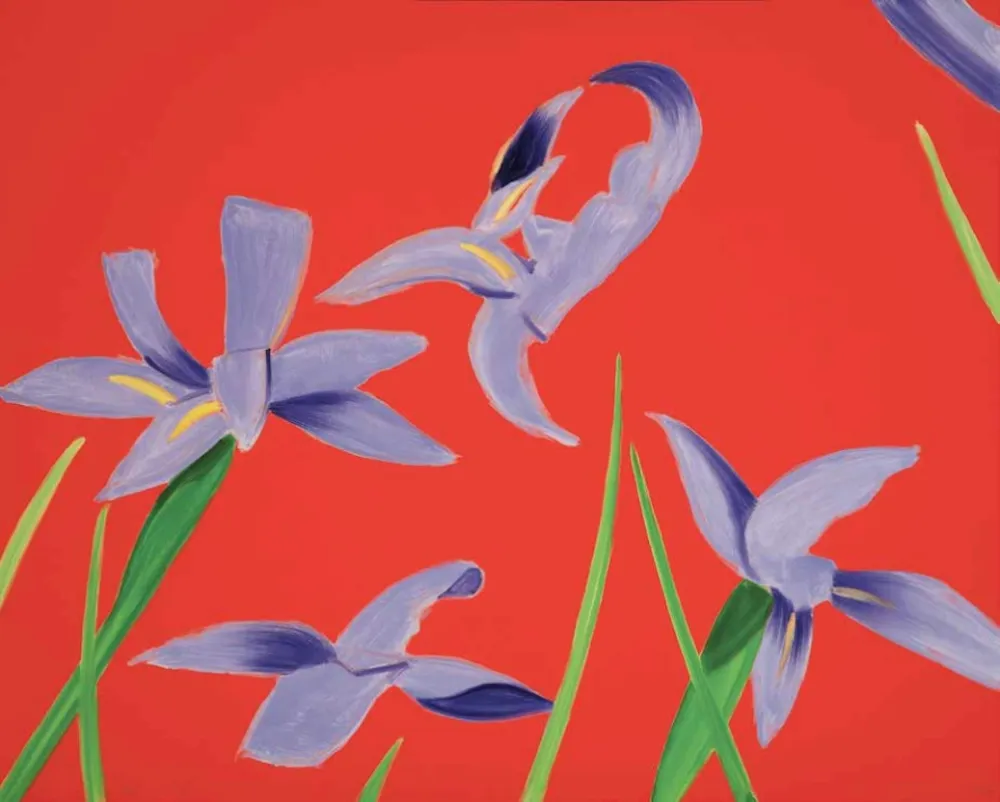 Geen Techniek Katz - Purple Irises on Red