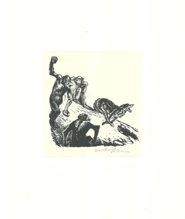 Houtsnede Klemm - Affen jagen den Wolf