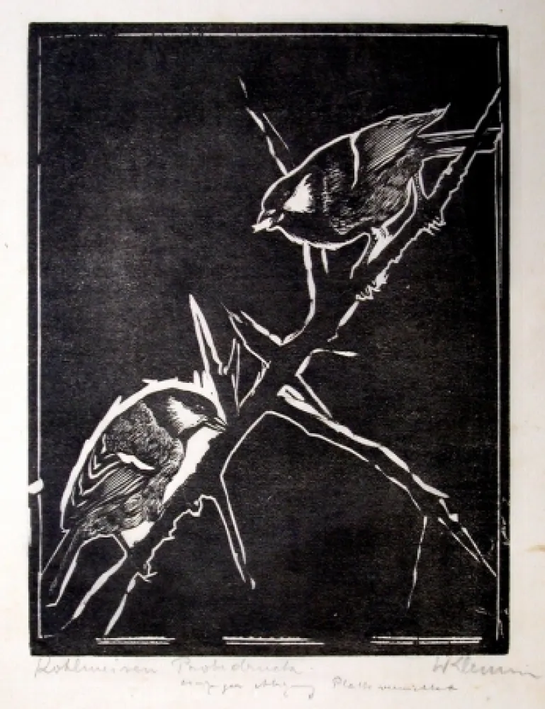 Houtsnede Klemm - Kohlmeisen (Great Tits)