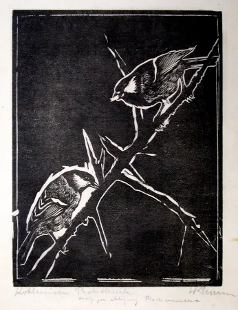 Houtsnede Klemm - Kohlmeisen (Great Tits)