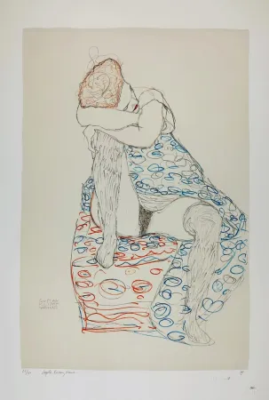 Lithografie Klimt - La  fille aux bas de soie assise sur le tabouret, 1910 / Sitzende mit gerafftem Rock / Seated Female Semi-Nude in Patterned Dress, Her Head Resting on Her Right Knee