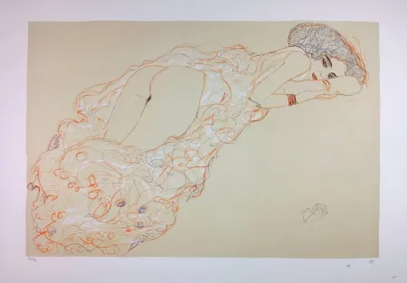 Lithografie Klimt - La fille en robe longue / Reclining Nude Lying on Her Stomach and Facing Right / Auf dem Bauch liegender Halbakt nach rechts - 1910 