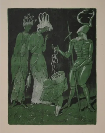 Lithografie Kreidolf - Brautwerbung. Käfer-Ritter, von einem Zwerg begleitet, wirbt mit einer Kette um das Akelei- und Rapunzel-Fräulein. 