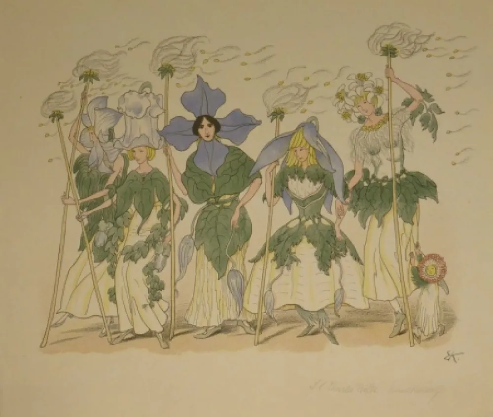 Lithografie Kreidolf - “Clematis“. Fünf Clematis-Frauen und Margaritenkind