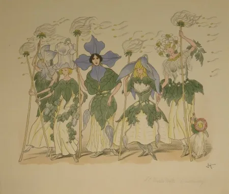 Lithografie Kreidolf - “Clematis“. Fünf Clematis-Frauen und Margaritenkind