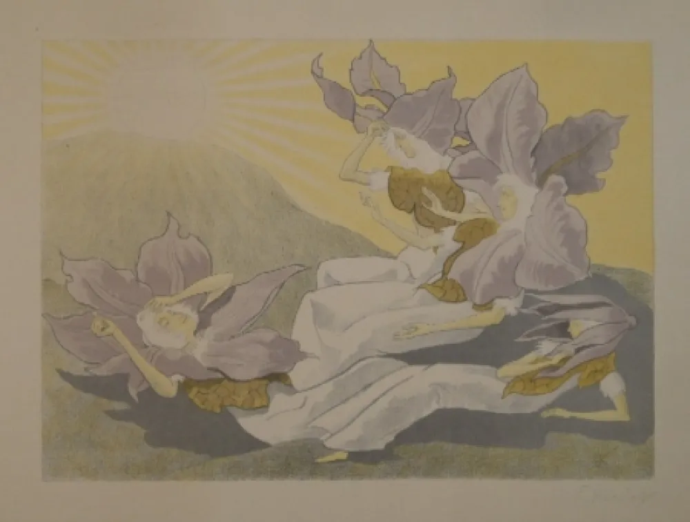 Lithografie Kreidolf - Der Blumen Erwachen. Vier liegende Clematis-Mädchen erwachen bei der aufgehenden Sonne. 
