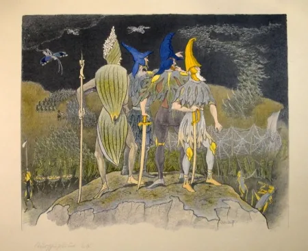 Lithografie Kreidolf - “Krieg“ Germer-, Rittersporn, blauer und gelber Eisenhut-Ritter stehen als Feldherren auf einem Hügel über einem vorüberziehenden Heuschrecken-Heer.