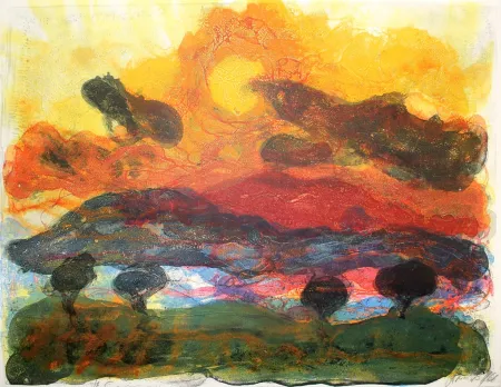 Lithografie Kruck - Landschaft mit Pinen