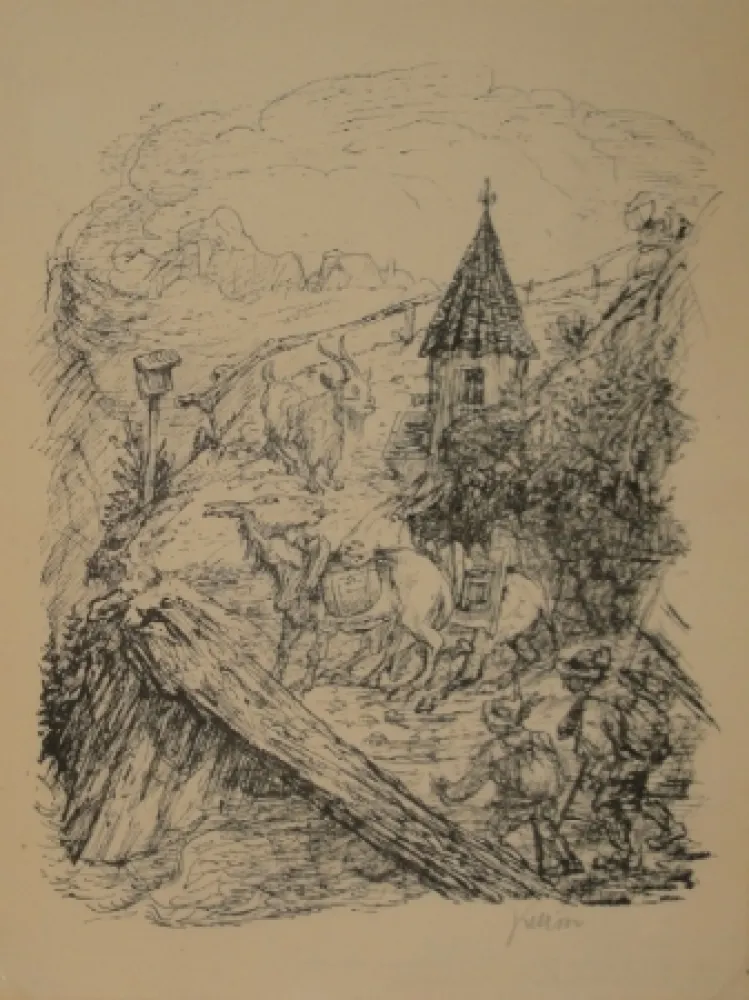 Lithografie Kubin - Transport im Gebirge