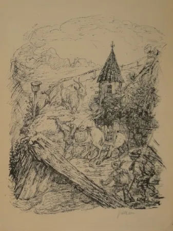 Lithografie Kubin - Transport im Gebirge