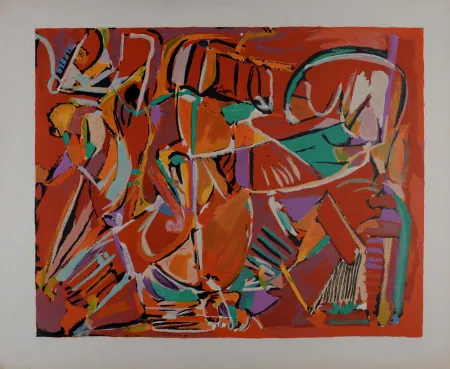 Lithografie Lanskoy - Composition sur fond rouge, circa 1968 - Hand-signed