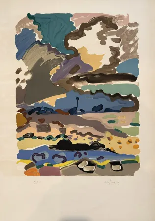 Lithografie Lapicque - Balise et rochers