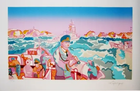 Lithografie Lapicque - Manoeuvre en rade de Brest