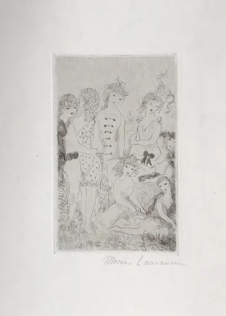 Gravure Laurencin - Huit filles dans un pré