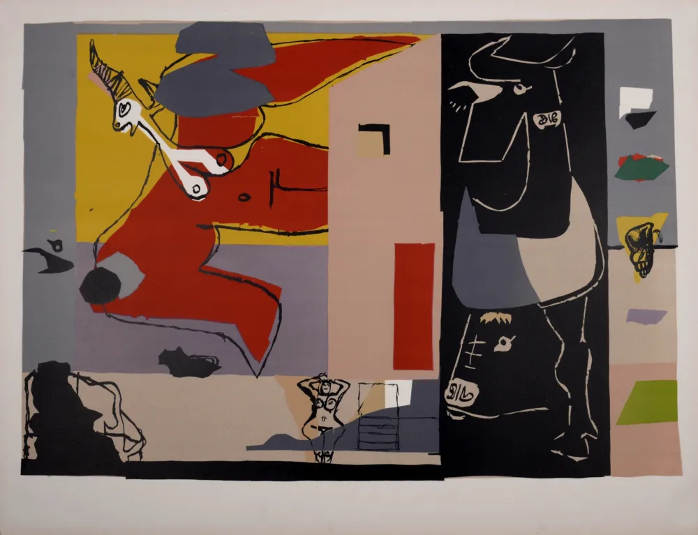 Lithografie Le Corbusier - Femme Unicorn et taureau noir (licorne ailée), 1960