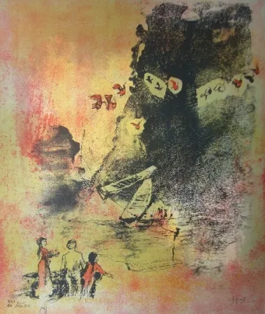 Lithografie Lebadang - Entrée de village