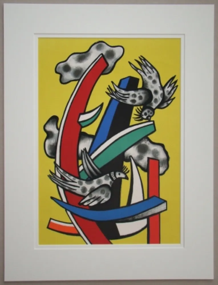 Lithografie Leger - Composition aux deux oiseaux sur fond jaune, 1955