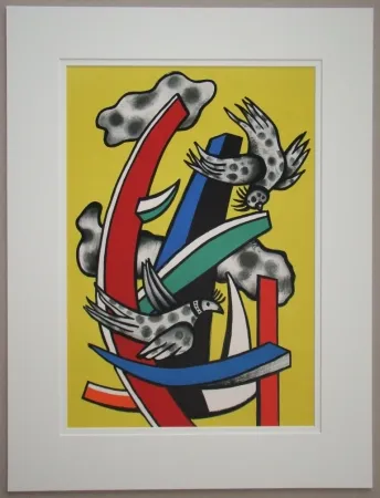Lithografie Leger - Composition aux deux oiseaux sur fond jaune, 1955