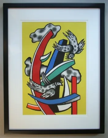 Lithografie Leger - Composition aux deux oiseaux sur fond jaune, 1955