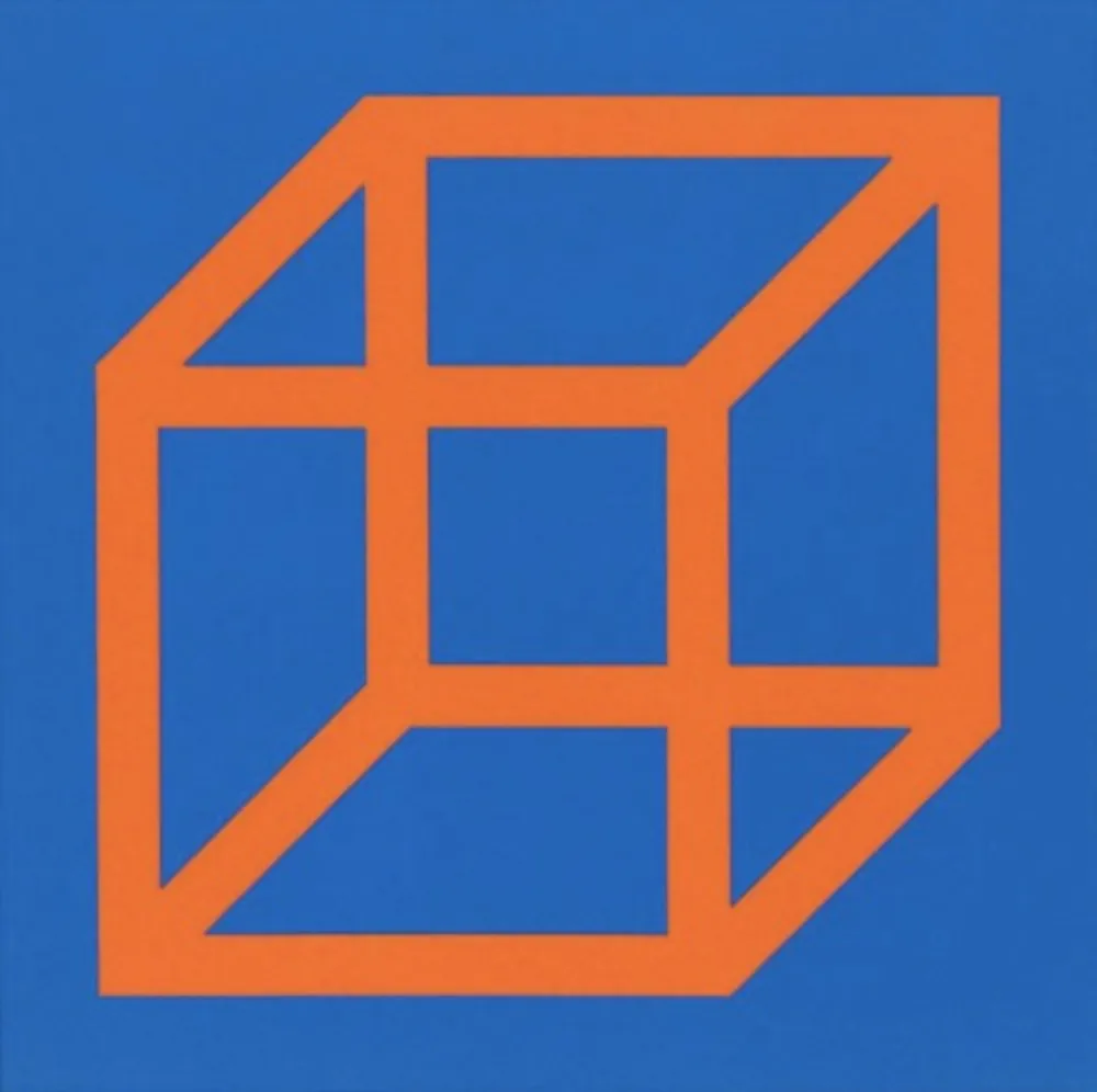 Linosnede Lewitt - Cubes in Color on Color (Blue/Orange)